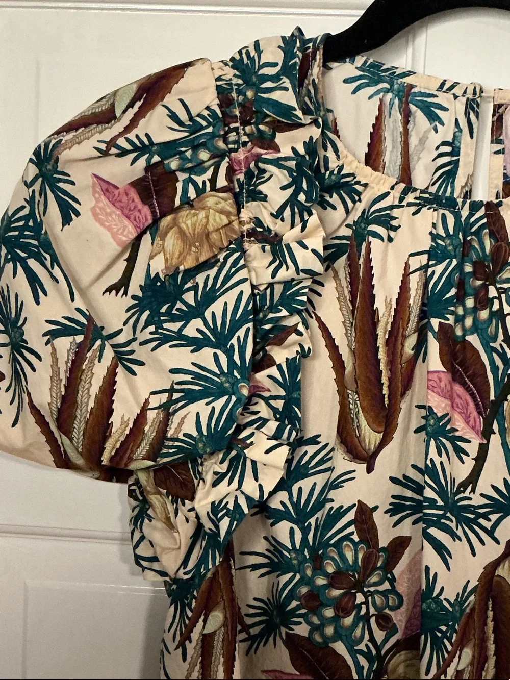 Ulla Johnson Cream Tropical Print Puff Sleeve Blouse with Green & Pink Accents